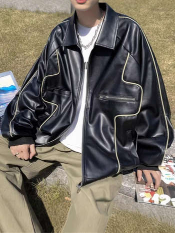 Jachetă din piele PU pentru bărbați, stil korean, croială lejeră, guler stand, închidere cu fermoar, căptușeală poliester