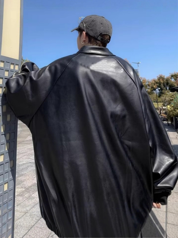 Ανδρικό μπουφάν PU δέρμα, κορεατικό στυλ, χαλαρή γραμμή, γιακά με στάση, κούμπωμα με φερμουάρ, επένδυση πολυεστερ