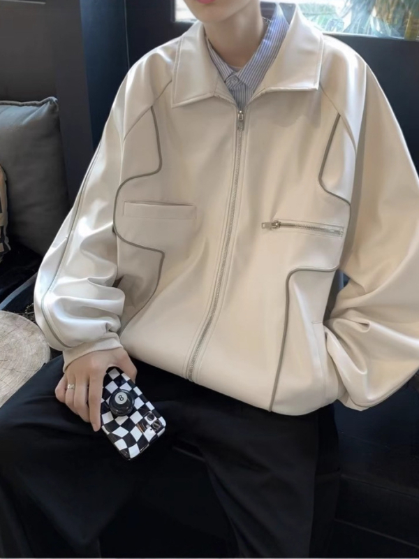 Jachetă din piele PU pentru bărbați, stil korean, croială lejeră, guler stand, închidere cu fermoar, căptușeală poliester