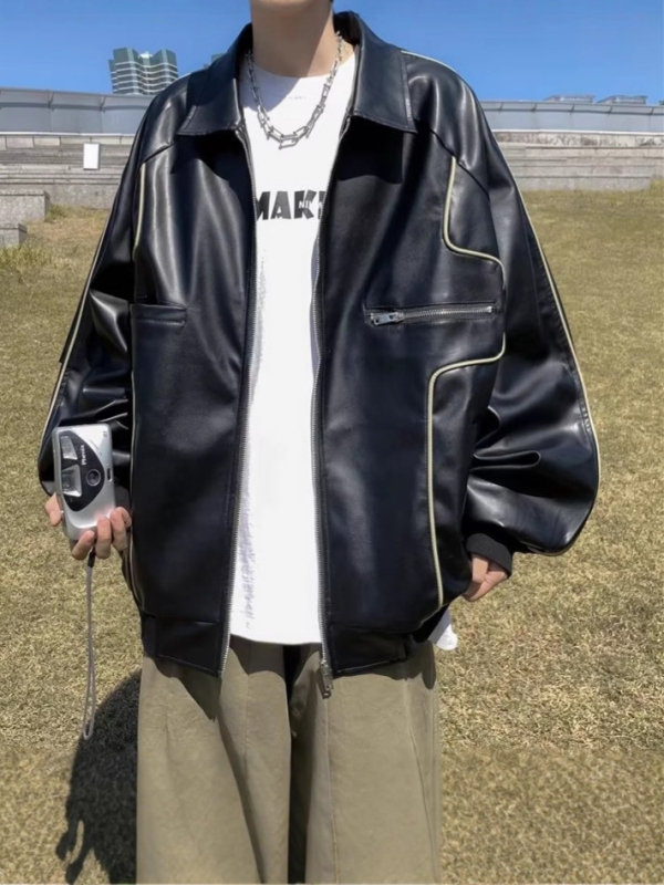 Ανδρικό μπουφάν PU δέρμα, κορεατικό στυλ, χαλαρή γραμμή, γιακά με στάση, κούμπωμα με φερμουάρ, επένδυση πολυεστερ