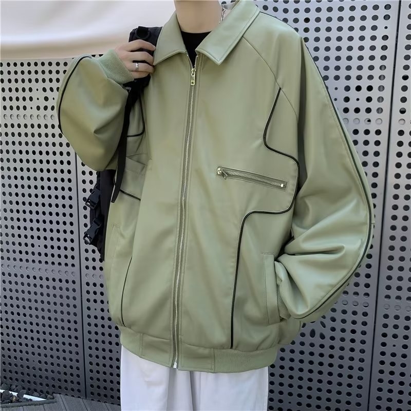Jachetă din piele PU pentru bărbați, stil korean, croială lejeră, guler stand, închidere cu fermoar, căptușeală poliester