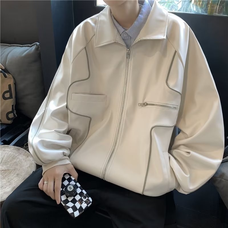 Jachetă din piele PU pentru bărbați, stil korean, croială lejeră, guler stand, închidere cu fermoar, căptușeală poliester