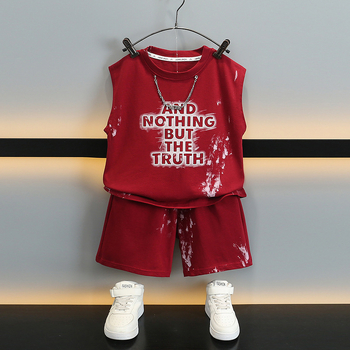 За момчета: летен безръкав комплект в корейски стил – двукомпонентен памучен комплект с шорти, принт с букви (95% памук, мек текстил), за възраст 3–8 години