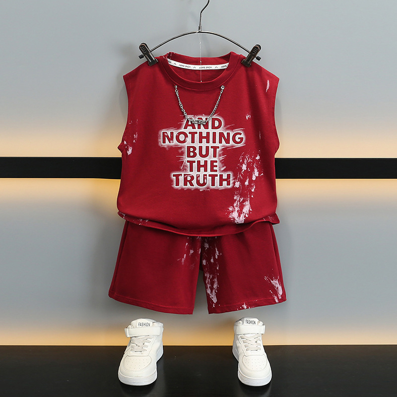 За момчета: летен безръкав комплект в корейски стил – двукомпонентен памучен комплект с шорти, принт с букви (95% памук, мек текстил), за възраст 3–8 години