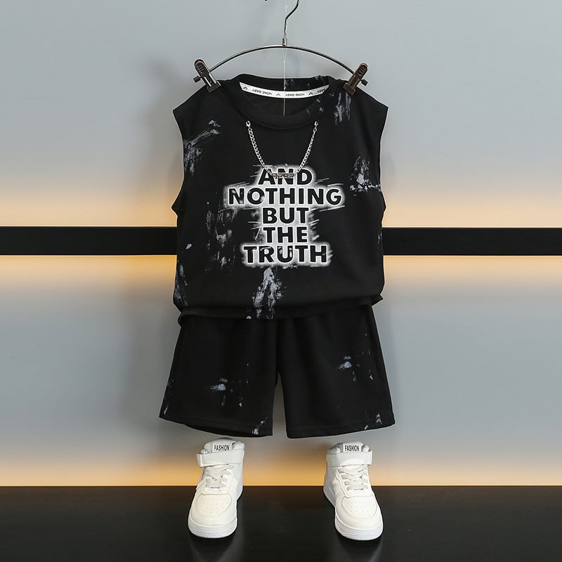 За момчета: летен безръкав комплект в корейски стил – двукомпонентен памучен комплект с шорти, принт с букви (95% памук, мек текстил), за възраст 3–8 години
