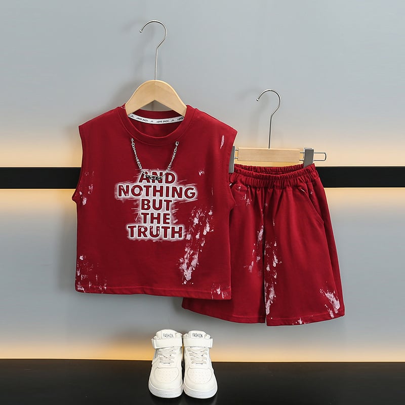 За момчета: летен безръкав комплект в корейски стил – двукомпонентен памучен комплект с шорти, принт с букви (95% памук, мек текстил), за възраст 3–8 години