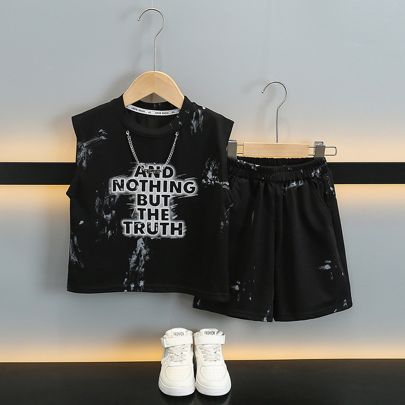 За момчета: летен безръкав комплект в корейски стил – двукомпонентен памучен комплект с шорти, принт с букви (95% памук, мек текстил), за възраст 3–8 години