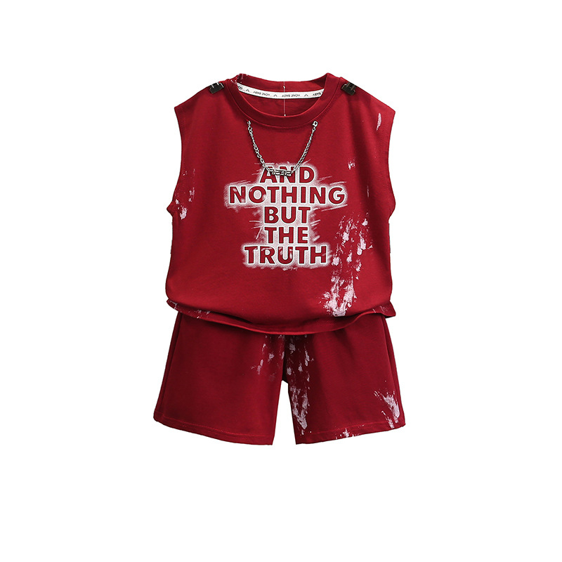 За момчета: летен безръкав комплект в корейски стил – двукомпонентен памучен комплект с шорти, принт с букви (95% памук, мек текстил), за възраст 3–8 години