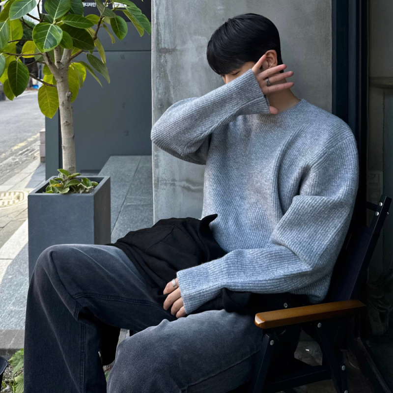 MYQ muški džemper s okruglim izrezom, opuštenog kroja, korejski stil, topla pletenina od acryl/poliester/nylon smjese