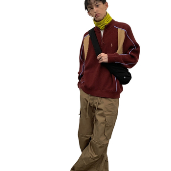 Мъжки цветноконтрастен плетен суитър с качулка, свободна кройка, кръгло деколте, плътна вълна 41–45%