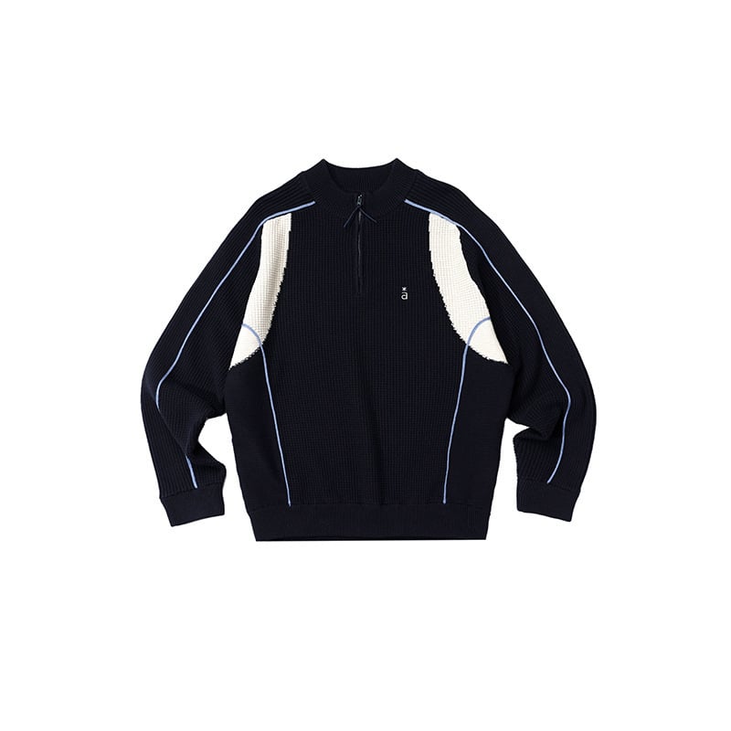 Мъжки цветноконтрастен плетен суитър с качулка, свободна кройка, кръгло деколте, плътна вълна 41–45%