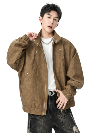 Jachetă din piele, stil vintage american retro, guler cu rever, piele PU, fermoar, croială lejeră