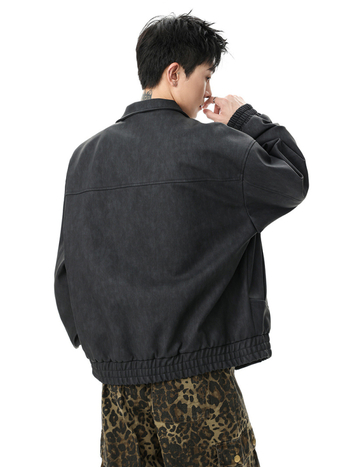 Jachetă din piele, stil vintage american retro, guler cu rever, piele PU, fermoar, croială lejeră