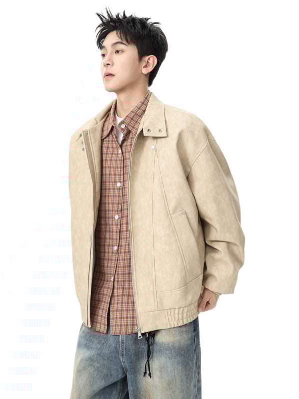 Jachetă din piele, stil vintage american retro, guler cu rever, piele PU, fermoar, croială lejeră