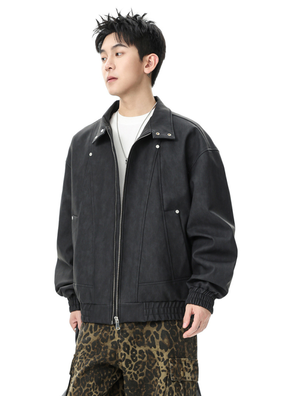 Δερμάτινο τζάκετ σε vintage αμερικάνικο ρετρό στυλ, γιακά με πέτο, PU δέρμα, φερμουάρ, χαλαρή γραμμή