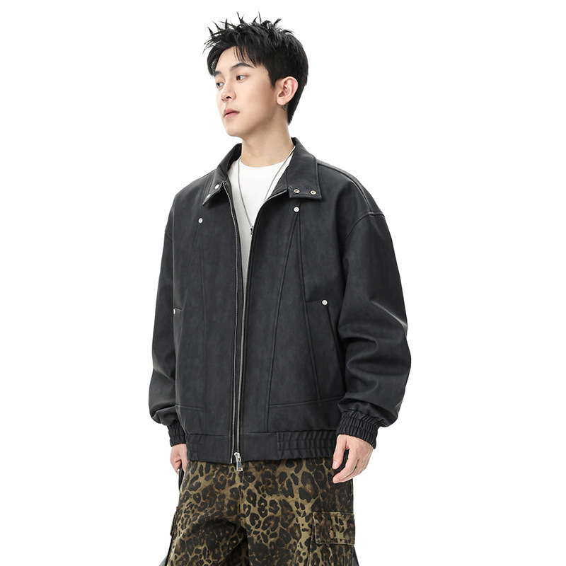 Jachetă din piele, stil vintage american retro, guler cu rever, piele PU, fermoar, croială lejeră