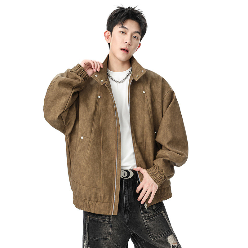 Jachetă din piele, stil vintage american retro, guler cu rever, piele PU, fermoar, croială lejeră