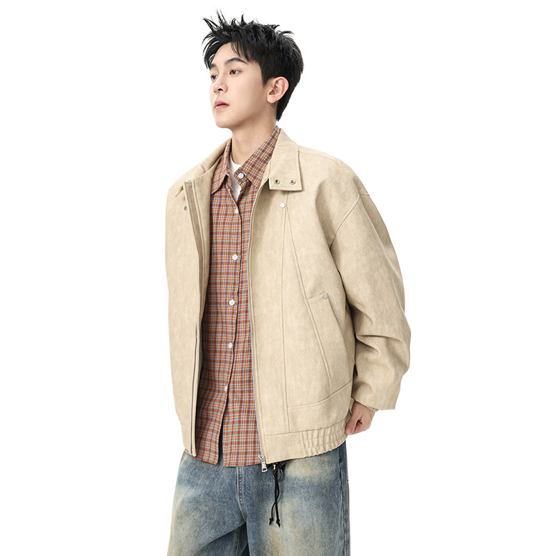 Jachetă din piele, stil vintage american retro, guler cu rever, piele PU, fermoar, croială lejeră