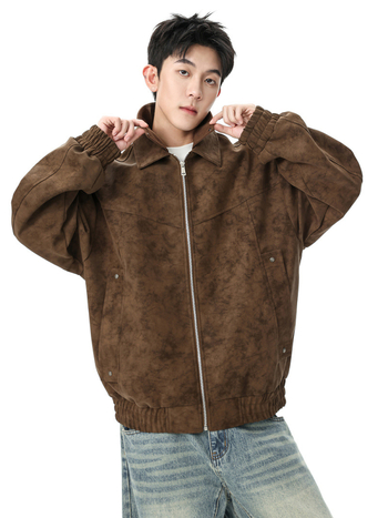 Jachetă de motocicletă din PU piele pentru bărbați, stil vintage, guler dublu, fermoar frontal, buzunare laterale