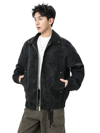 Jachetă de motocicletă din PU piele pentru bărbați, stil vintage, guler dublu, fermoar frontal, buzunare laterale