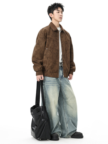 Jachetă de motocicletă din PU piele pentru bărbați, stil vintage, guler dublu, fermoar frontal, buzunare laterale