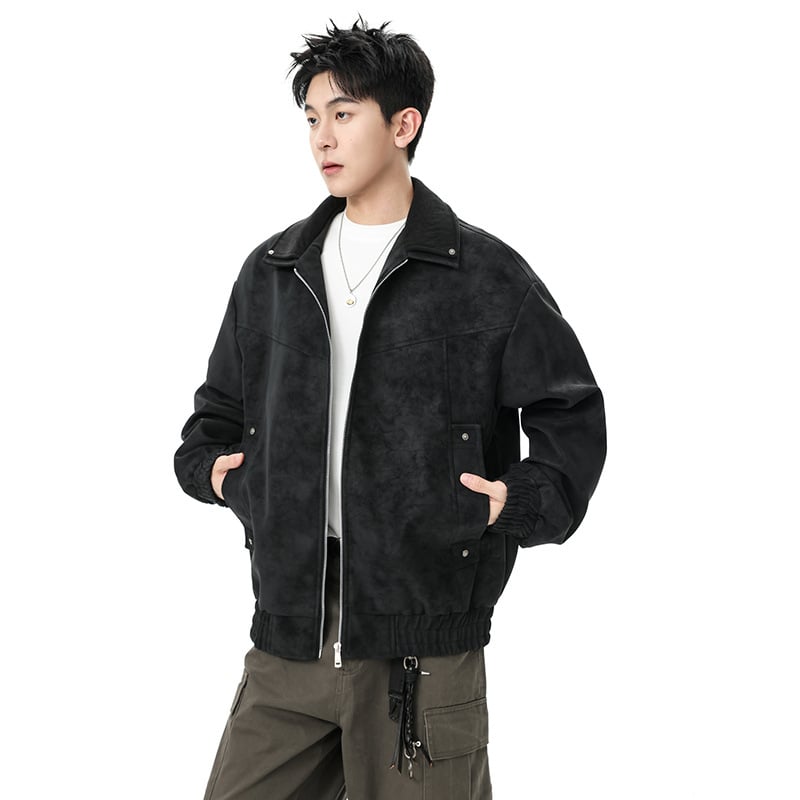 Jachetă de motocicletă din PU piele pentru bărbați, stil vintage, guler dublu, fermoar frontal, buzunare laterale