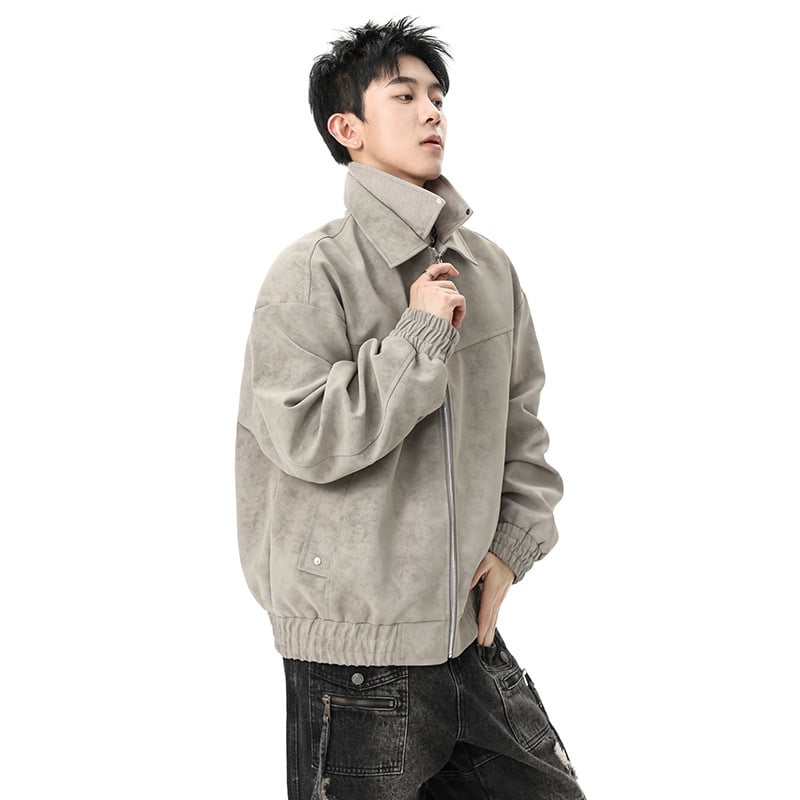 Jachetă de motocicletă din PU piele pentru bărbați, stil vintage, guler dublu, fermoar frontal, buzunare laterale