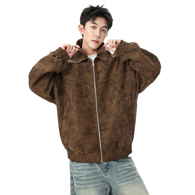 Jachetă de motocicletă din PU piele pentru bărbați, stil vintage, guler dublu, fermoar frontal, buzunare laterale