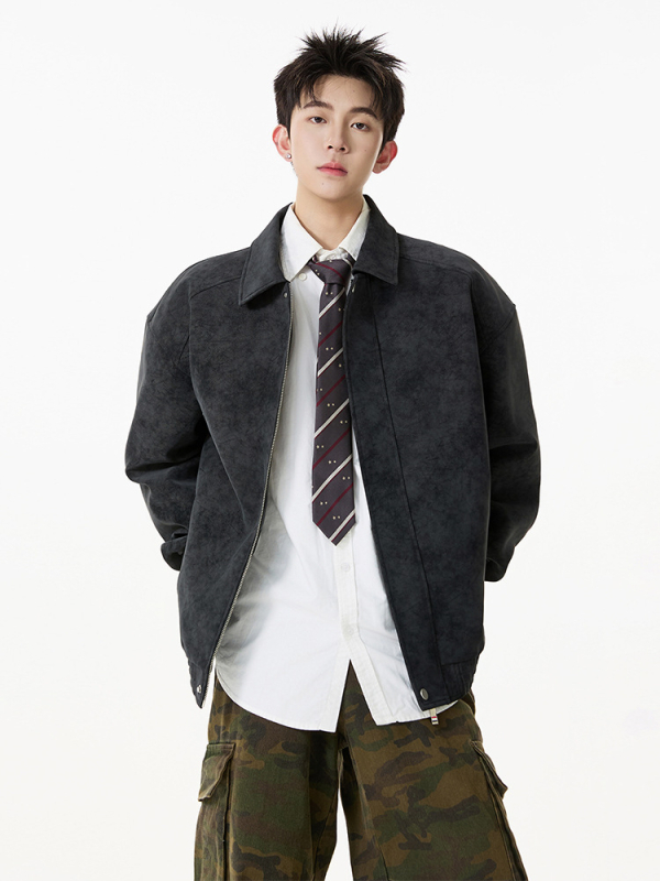 Seegave jachetă de piele PU pentru bărbați, cu rever, fermoar, croială lejeră, căptușeală poliester