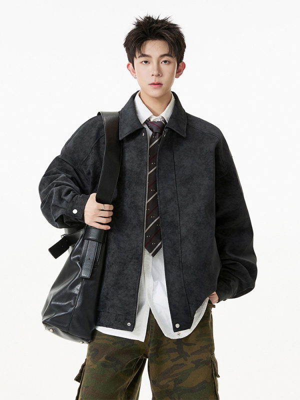 Seegave ανδρικό PU δερμάτινο σακάκι με πέτο γιακά, φερμουάρ, άνετη γραμμή, επένδυση πολυεστέρα