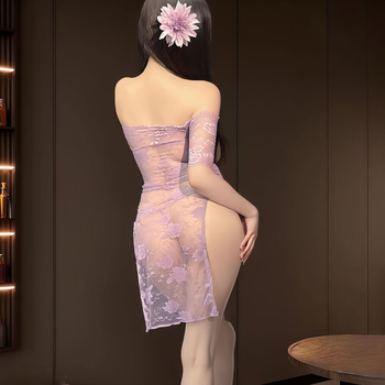 Vieno peties nėrinių suknelė Kinų stiliaus cheongsam, aukštas liemuo, skeltukas, aptempta, 100% poliesteris