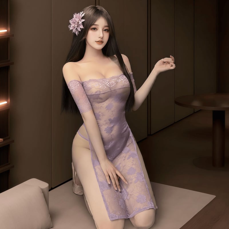 Vieno peties nėrinių suknelė Kinų stiliaus cheongsam, aukštas liemuo, skeltukas, aptempta, 100% poliesteris