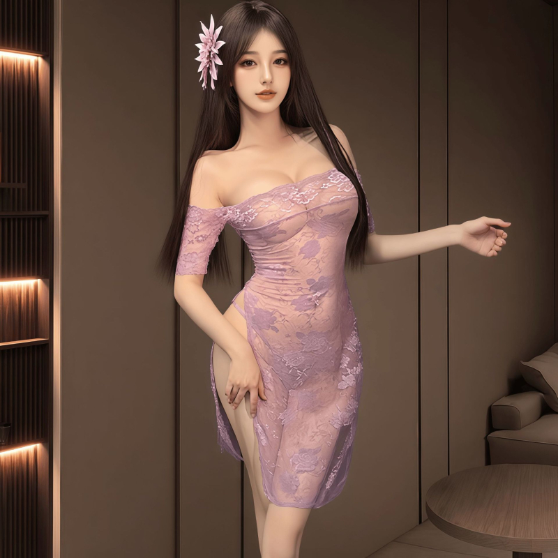 Vieno peties nėrinių suknelė Kinų stiliaus cheongsam, aukštas liemuo, skeltukas, aptempta, 100% poliesteris