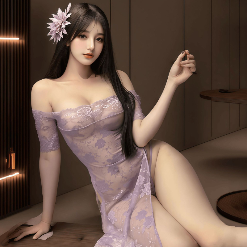 Vieno peties nėrinių suknelė Kinų stiliaus cheongsam, aukštas liemuo, skeltukas, aptempta, 100% poliesteris