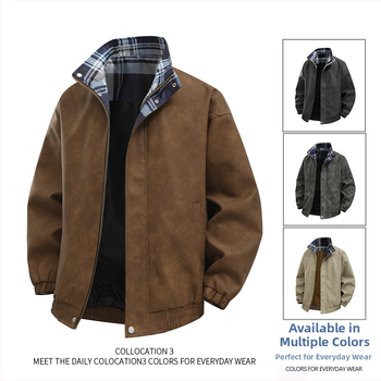 Vīriešu PU ādas jaka, brīvs piegriezums, V kakla izgriezums, divpusēja pogu aizdare, sānu kabatas