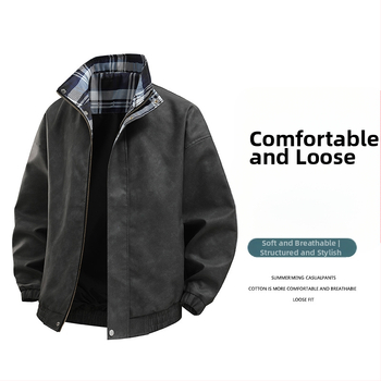 Vīriešu PU ādas jaka, brīvs piegriezums, V kakla izgriezums, divpusēja pogu aizdare, sānu kabatas