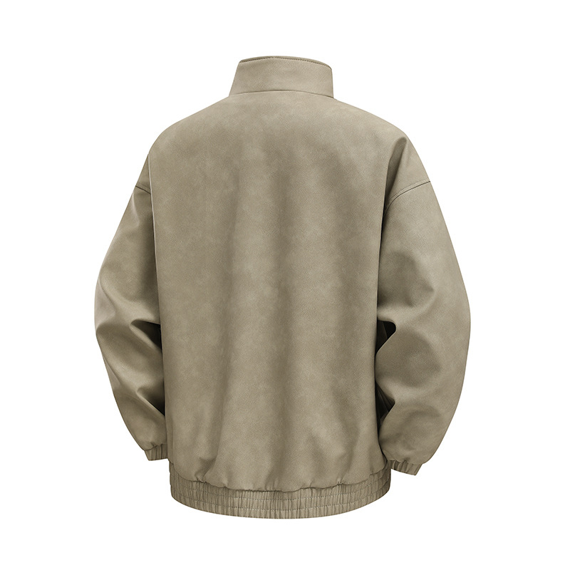 Ανδρικό PU δερμάτινο μπουφάν, χαλαρή γραμμή, V-λαιμός, διπλό κλείσιμο με κουμπιά, πλευρικές τσέπες