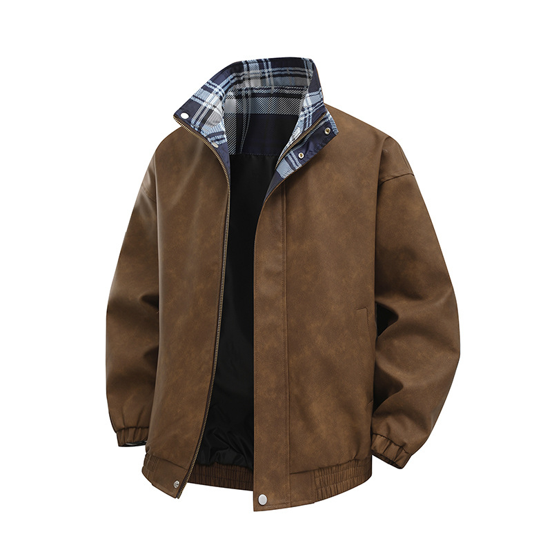 Geacă din piele PU pentru bărbați, croială lejeră, decolteu în V, închidere dublă cu nasturi, buzunare laterale