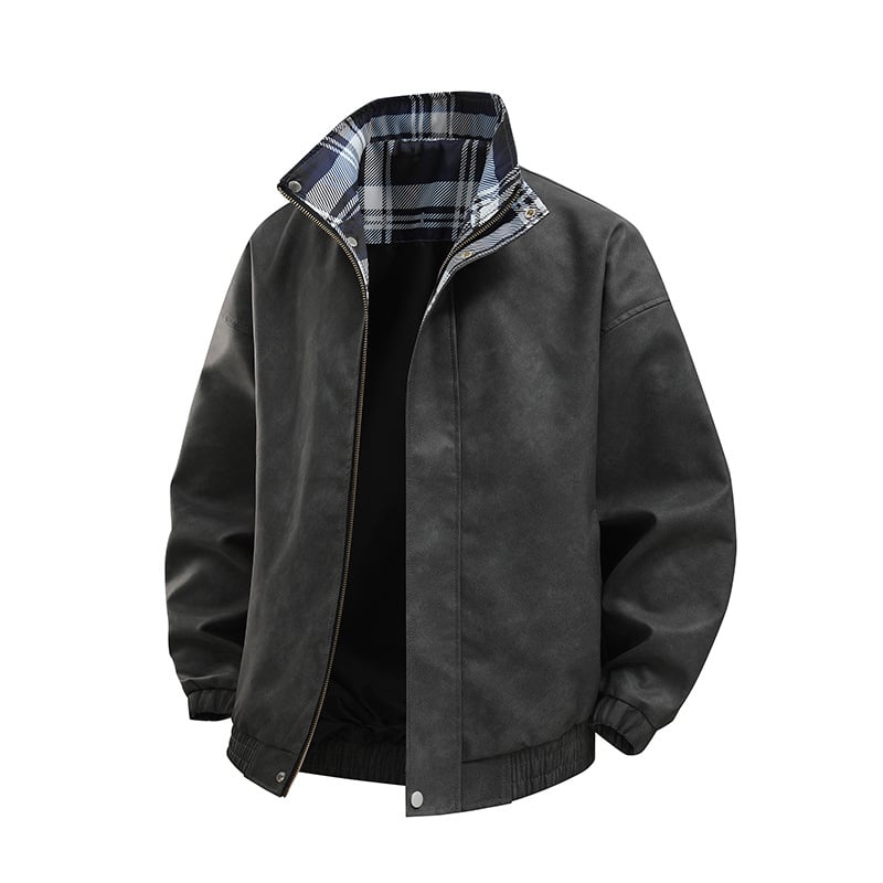 Geacă din piele PU pentru bărbați, croială lejeră, decolteu în V, închidere dublă cu nasturi, buzunare laterale