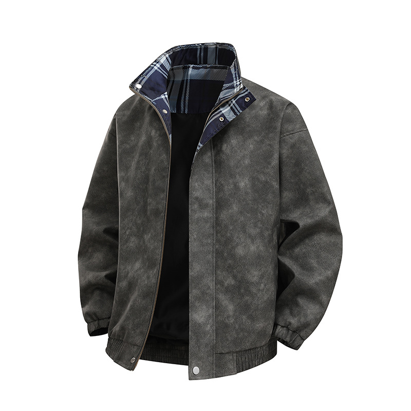 Geacă din piele PU pentru bărbați, croială lejeră, decolteu în V, închidere dublă cu nasturi, buzunare laterale