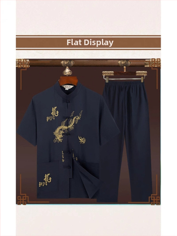 Meeste suvine Tang-ülikond lühikeste varrukatega, stand-up krae, Hiina stiilis tikand, 100% polüester