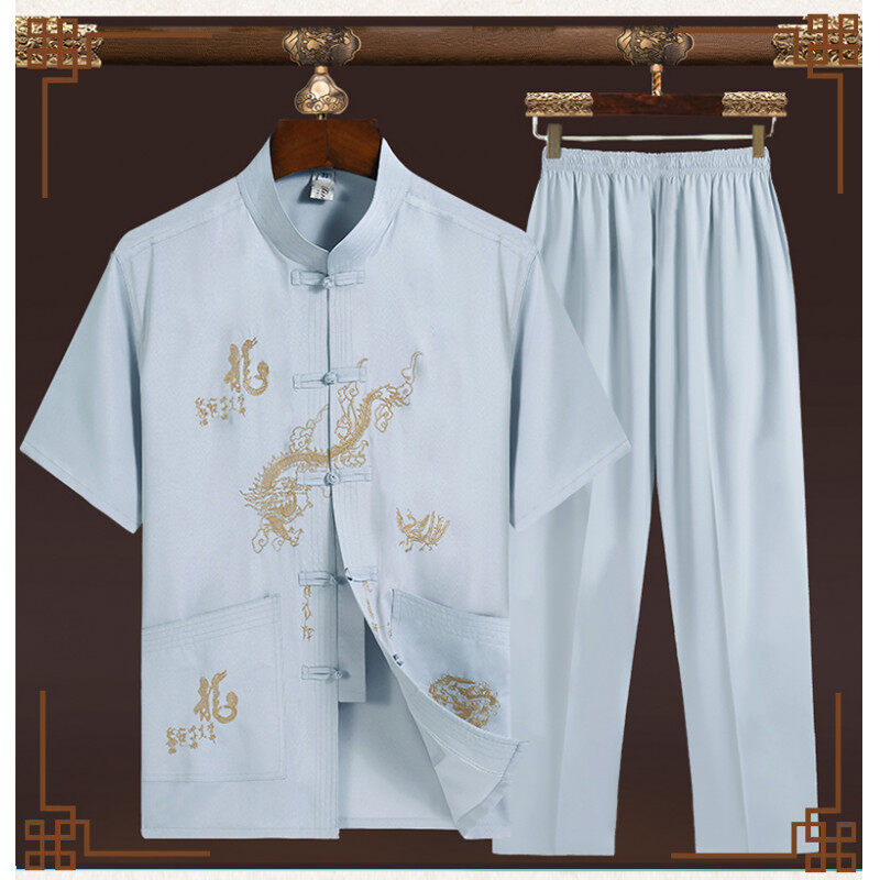 Мъжки летен къс ръкав костюм Тан със стойка яка, китайски стил бродерия, 100% полиестер