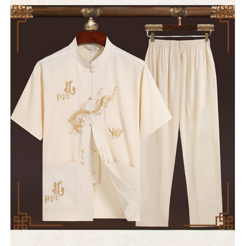 Мъжки летен къс ръкав костюм Тан със стойка яка, китайски стил бродерия, 100% полиестер