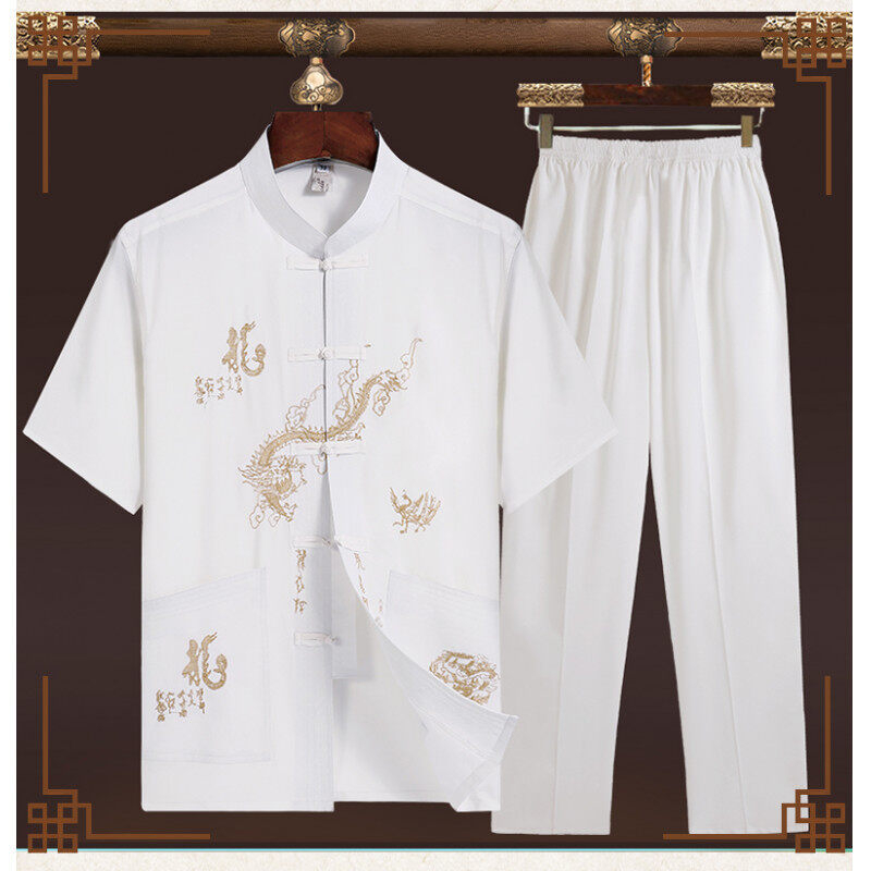 Мъжки летен къс ръкав костюм Тан със стойка яка, китайски стил бродерия, 100% полиестер