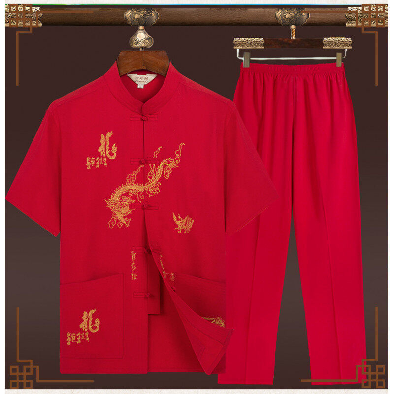 Мъжки летен къс ръкав костюм Тан със стойка яка, китайски стил бродерия, 100% полиестер