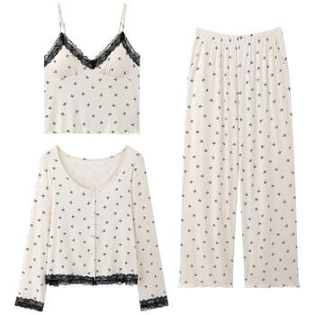 Három darabos női pamut pizsamaszett mellbetéttel, hosszú ujjú, kerek nyak, könnyű, tavasz–ősz