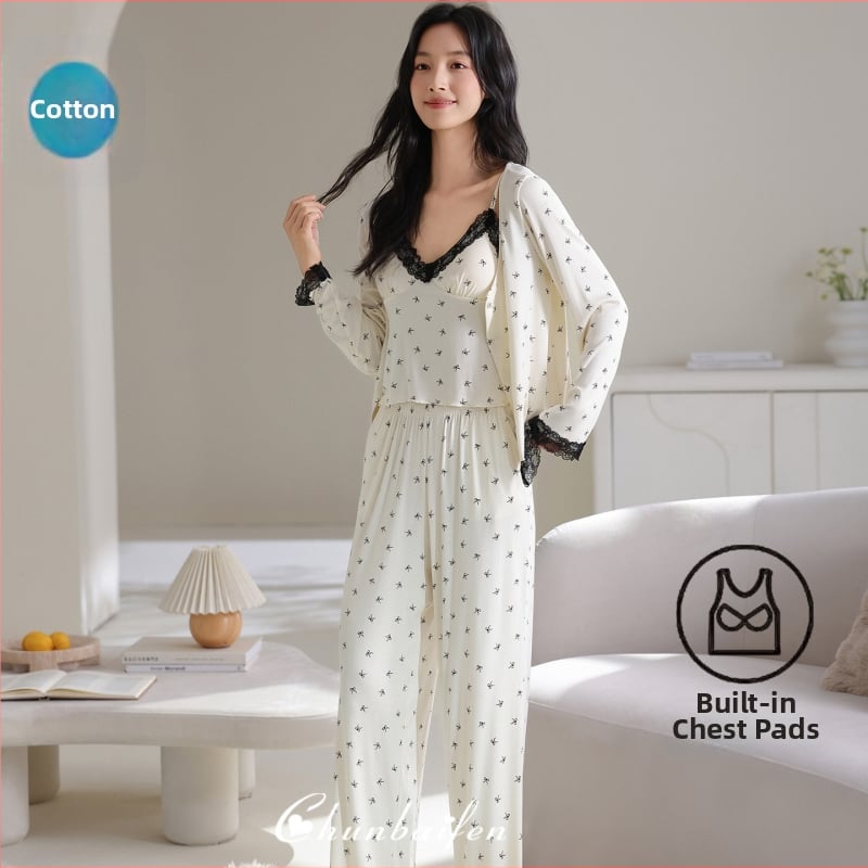 Trijų dalių 100% medvilnės pižama komplektas moterims su krūties pagalvėlėmis, ilgomis rankovėmis, apvaliu kaklu, lengvas, pavasario ir rudens sezonams