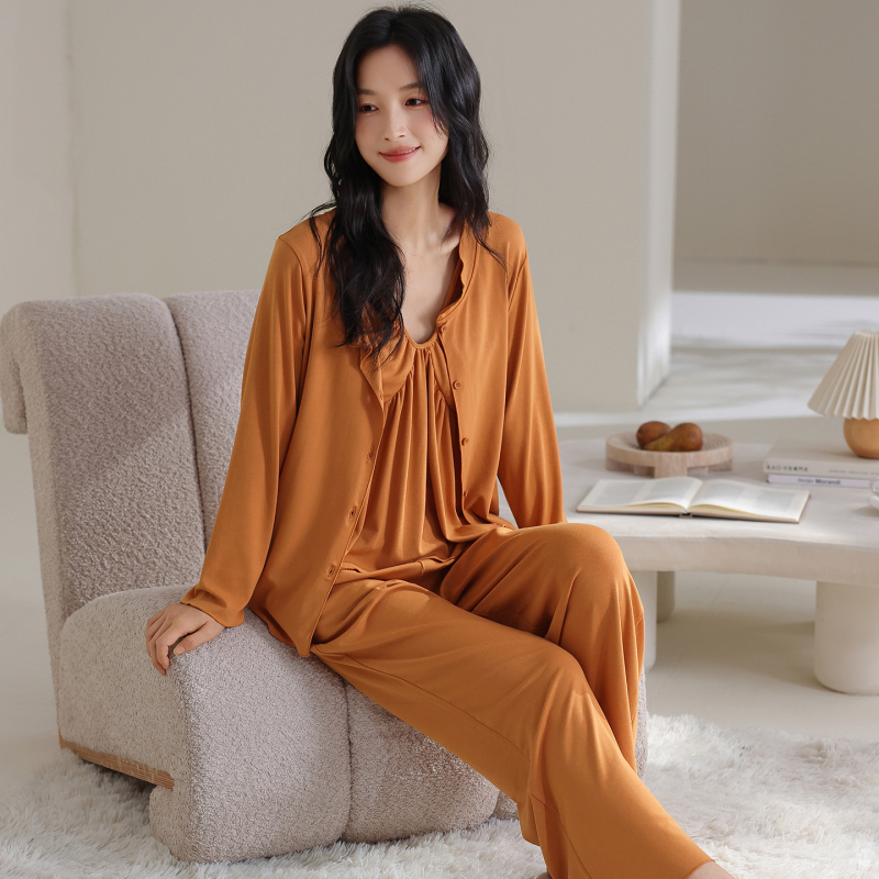 Három darabos női pamut pizsamaszett mellbetéttel, hosszú ujjú, kerek nyak, könnyű, tavasz–ősz