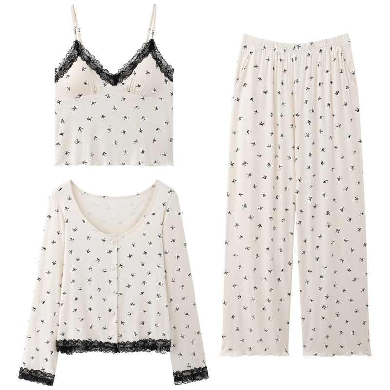 Három darabos női pamut pizsamaszett mellbetéttel, hosszú ujjú, kerek nyak, könnyű, tavasz–ősz