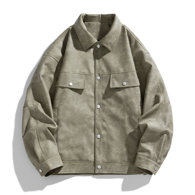 PU кожено яке за мъже – ревер, двуредно закопчаване, свободна кройка, триизмерни патч джобове